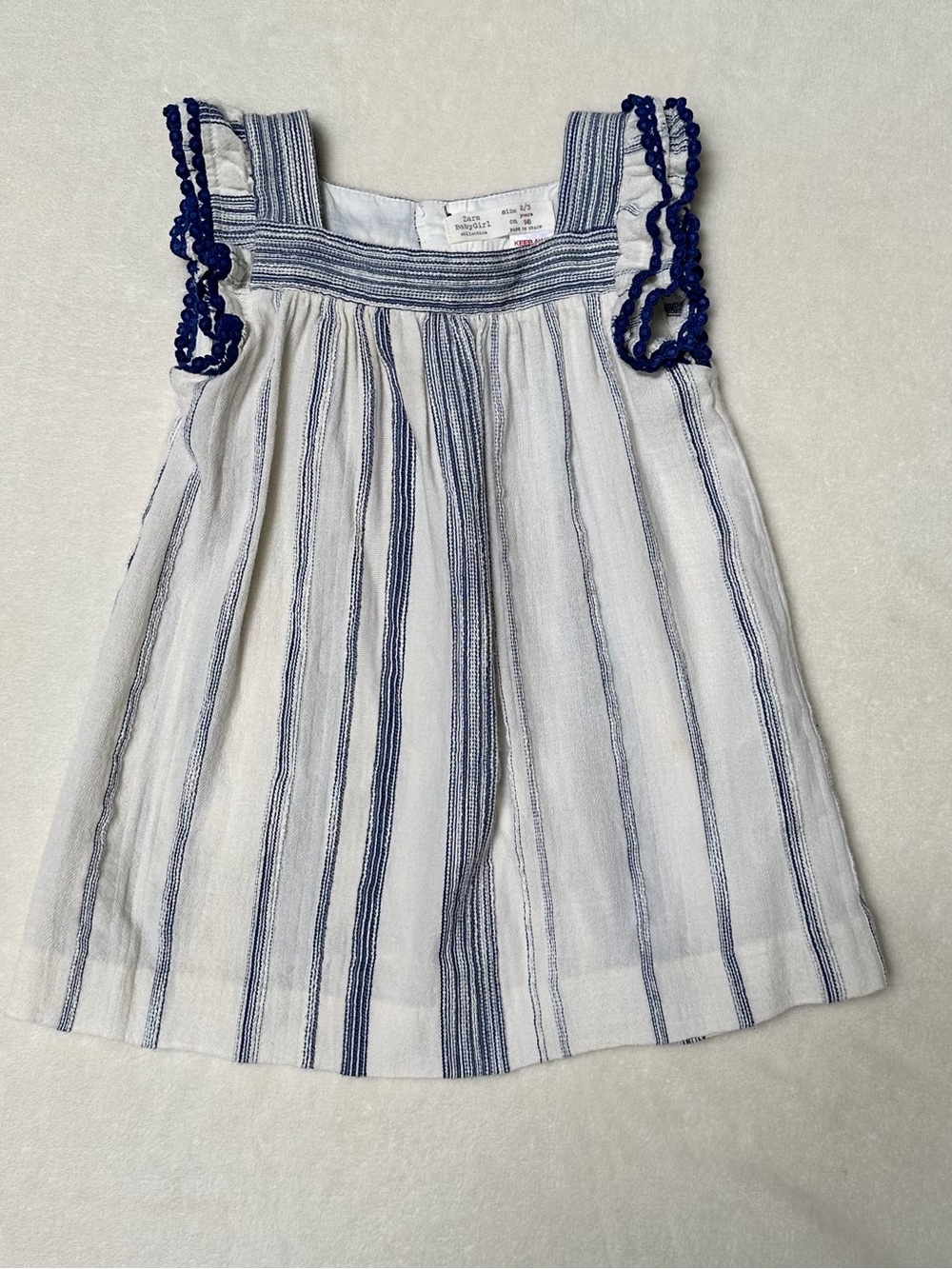 Zara White and Blue Striped Sleeveless Girls Size 2/3 Dress with Blue Trim